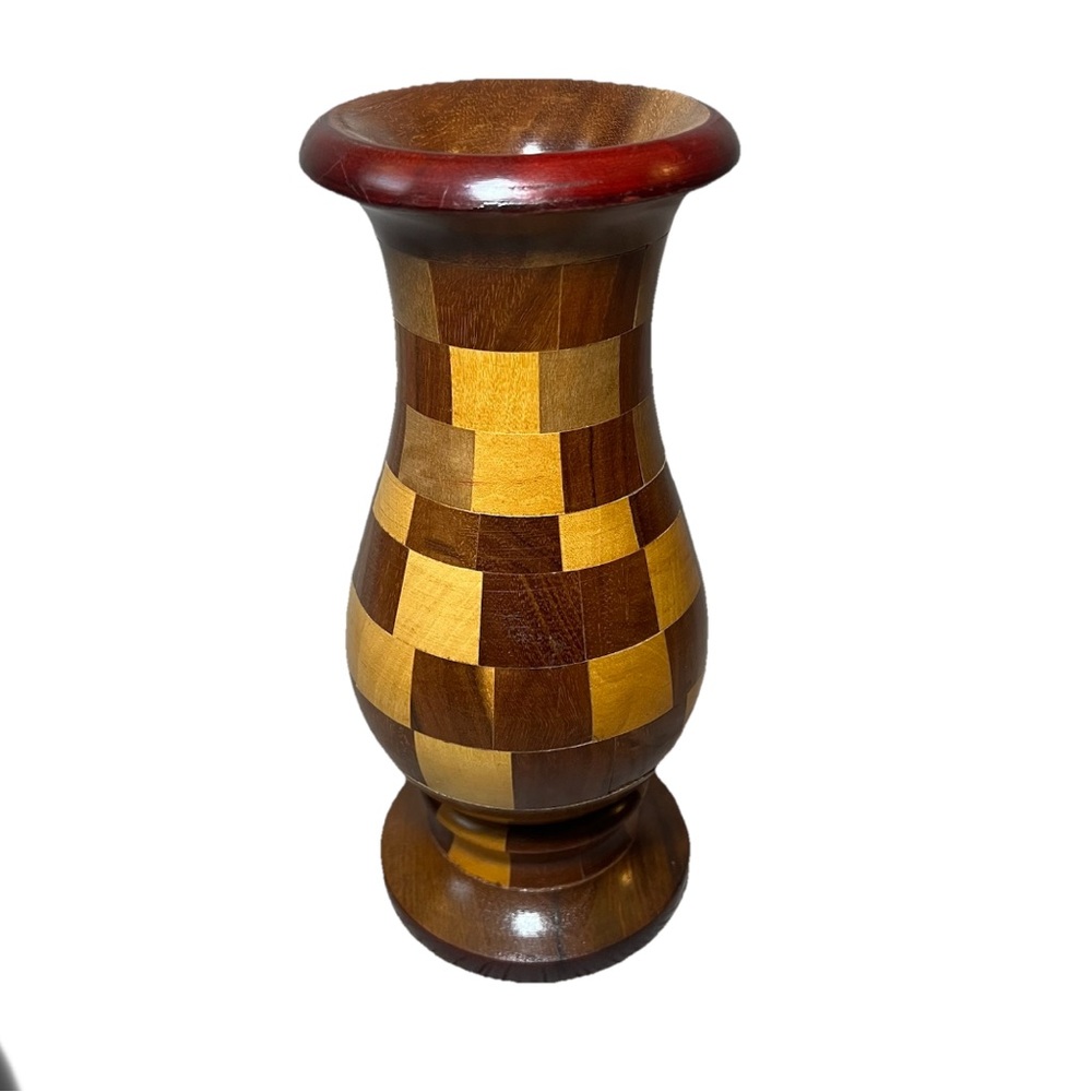 VTG Handcrafted Natural Wood Tones Checkered Vase 9” Segmented Turned Wood Boho